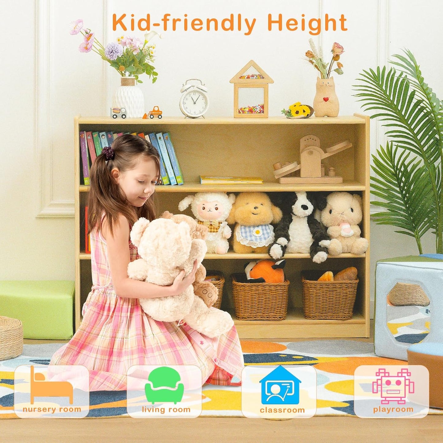 Kids Bookshelf and Toy Storage Shelf, Wooden Montessori Bookshelf, 3-Tier Toy Shelf, 30in Birch Children Bookcase, Classroom Furniture, Book Shelf for Kids Room, Nursery, Playroom