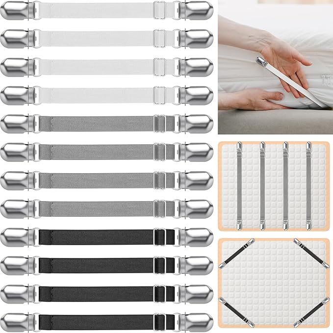 Boao 12 Pcs Bed Sheet Clips Straps Sheet Corner Straps Holder Adjustable Mattress Clips, Elastic Bed Grippers Suspender Fasteners Holder for Home(Black Gray White,8-12 Inch Length)