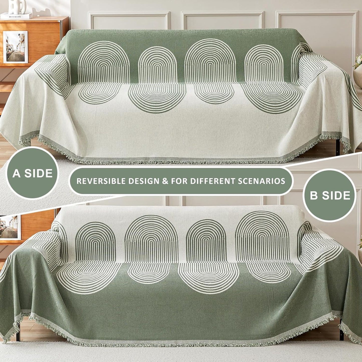 STACYPIK Modern Green Striped Couch Cover for Pets, Boho Geometric Sofa Cover for 2 Cushion Couch, Boho Chenille Sofa Cover for Dogs, Sofa Slipcover for Sectional, Throw Cover for Loveseat-71X118IN