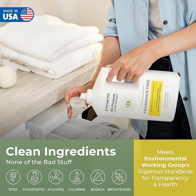 Heritage Park Luxury Laundry Detergent | Dermatologist Tested Plant based Natural & Enzyme Laundry Detergent | Sensitive Skin Friendly - Fragrance Free (64 fl oz)