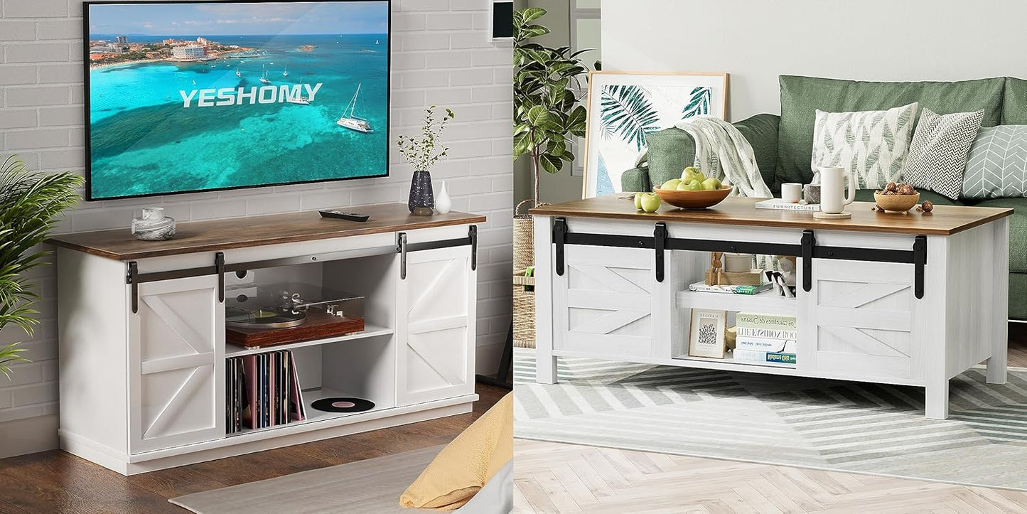 YESHOMY TV Stand Set with a Farmhouse Style Coffee Table,for Living Room,with Big Capacity, White
