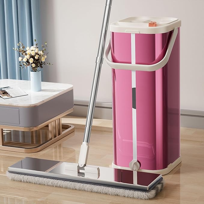 Separates Dirty Water Mop, Flat Mop and Bucket for Home with 4 Extra Refills, Stainless Steel Mop and Bucket with Wringer (Purple)