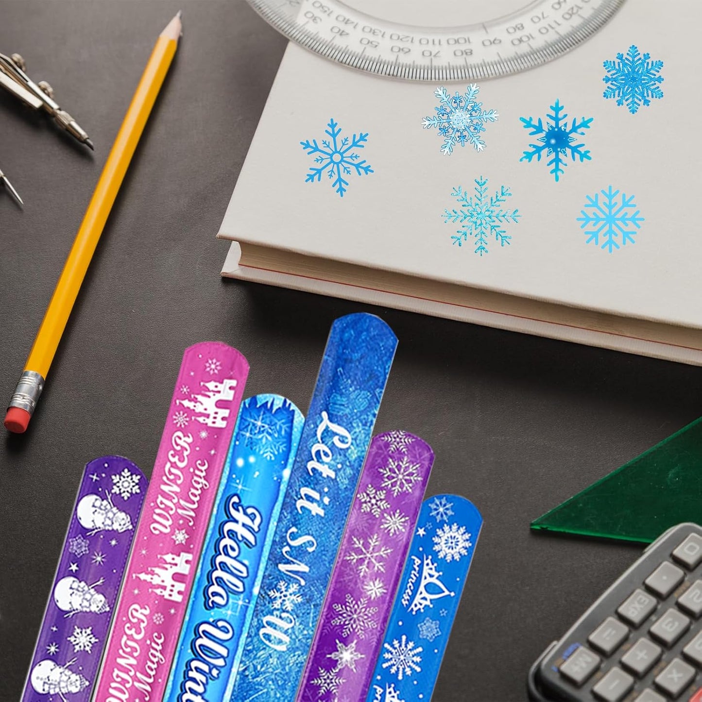 74Pcs Snowflake Theme Party Favors Contain 24 Pcs Snowflake Theme Slap Bracelets 50Pcs Snowflake Theme Stickers, Ice and Snow Theme Birthday Party Decorations,Classroom Rewards Supplies.