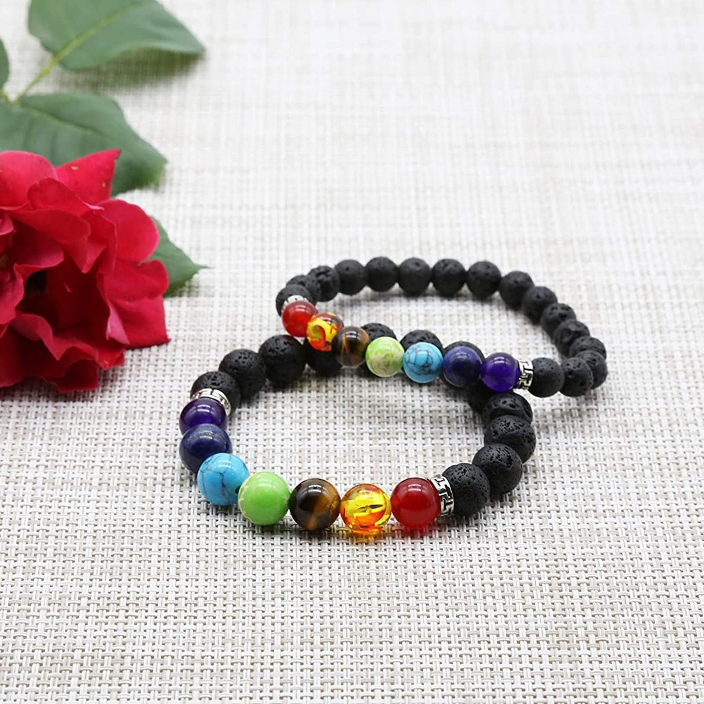 HEDQFM 2pcs 10mm 8mm Lava Rock 7 Chakra Bracelet Aromatherapy Essential Oil Diffuser Bracelets Couples Yoga Beads Bracelet Lava Stone Stretch Bracelet for Men Women