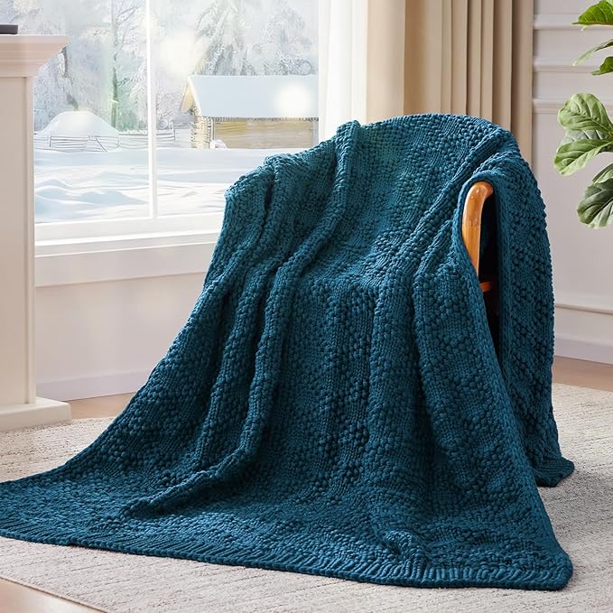 Knitted Weighted Blanket for Adult, Chunky Knit Weighted Throw for Sleep 60"*80" 17lbs, Cooling Breathable Machine Washable Heavy Blanket for Room Decor (Peacock, Queen)