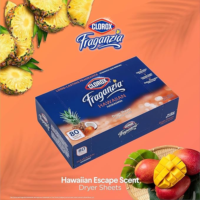 Clorox Fraganzia Fabric Softener Dryer Sheets, Hawaiian Scent - Wrinkle Reducing Scented Softening Laundry Dryer Sheets for Great Smelling Clothes, 80 Count - 6 Pack