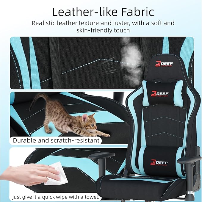 Ergonomic Fabric Gaming Chair with Footrest and Lumbar Support Racing Office Chair Adult-Specific Computer Gaming Chair Wrinkle-Resistant.(1005-LightBlue)