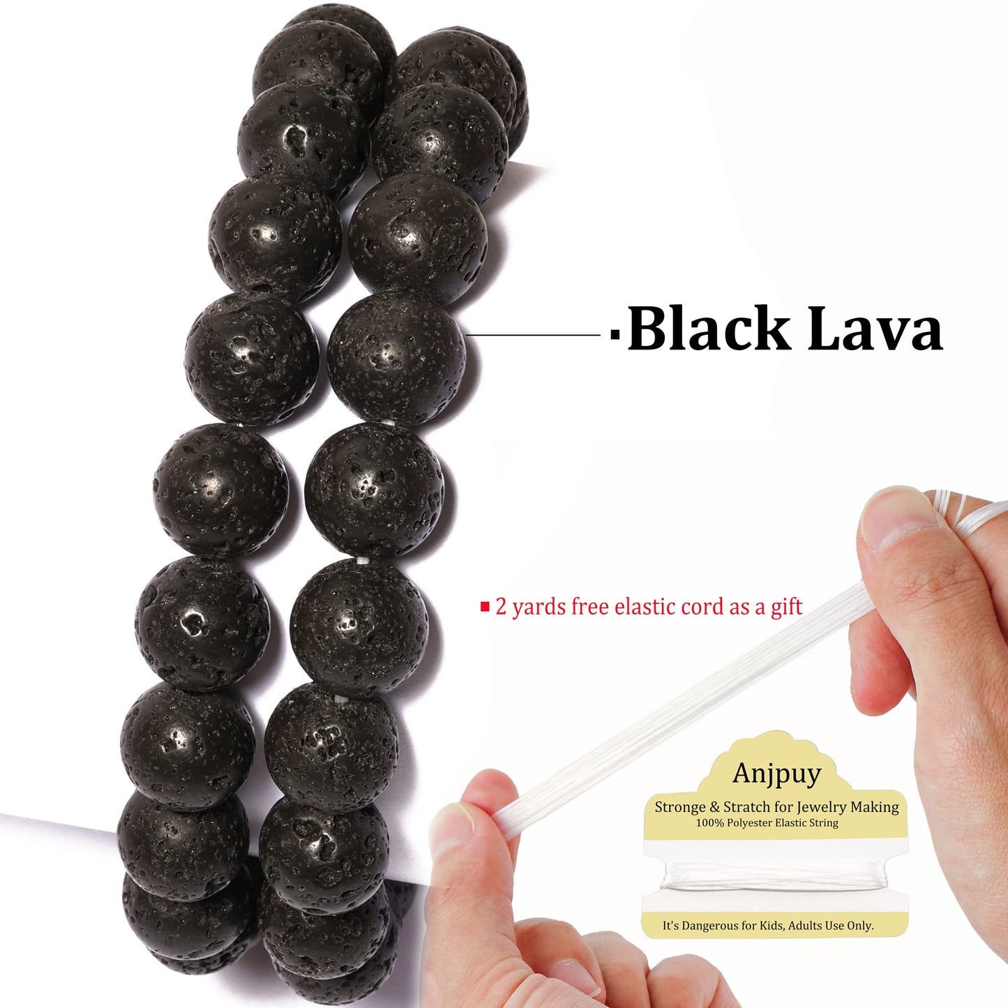 10mm Black Lava Round Bead - 35PCS Bulk Gemstone Beads for Jewelry Making, DIY Bracelets, Necklaces - Includes Crystal Stretch Cord - Stone Beads for Crafting Gifts