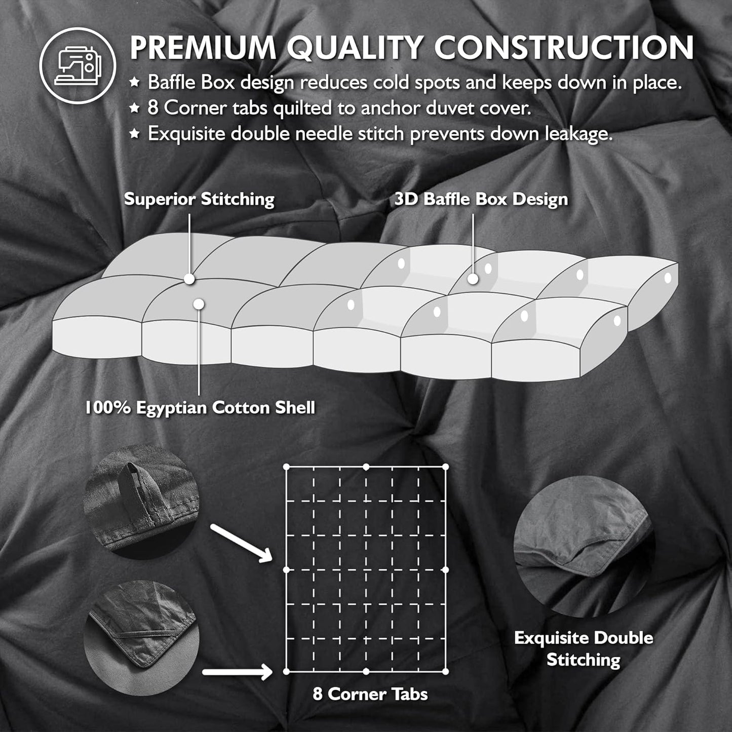 Luxurious All-Season Goose Down Feather Fiber Comforter King Size Duvet Insert, Exquisite Pinch Pleat Ruffled Twisted Flower, Premium Baffle Box, 100% Egyptian Cotton Cover, 70 oz. Fill Weight, Gray