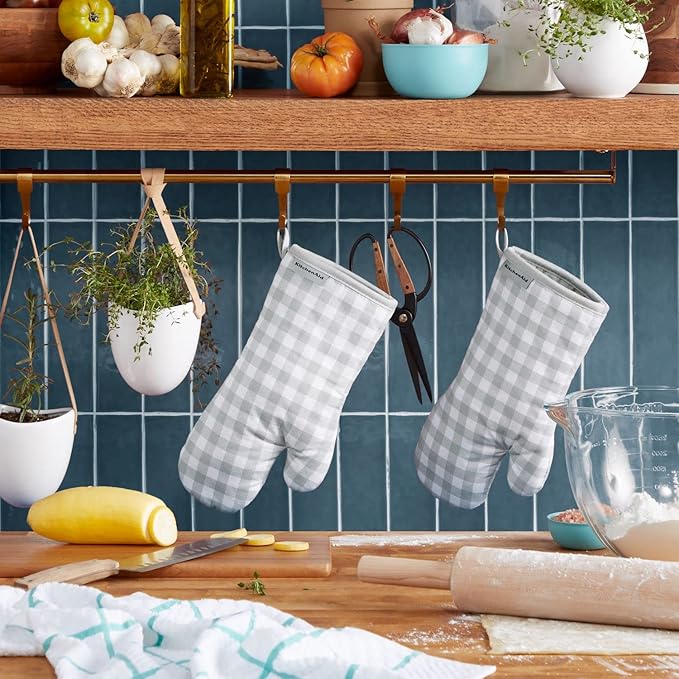 KitchenAid Gingham Oven Mitt 2-Pack Set, Matte Grey, 7"x13"