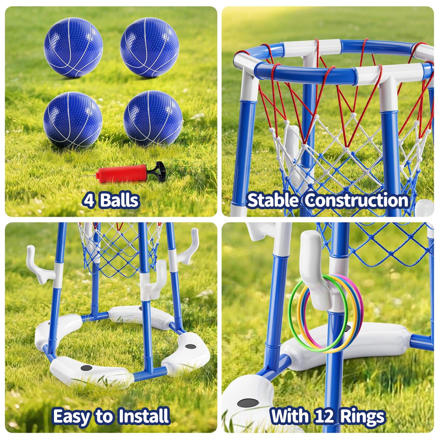 Sitodier Pool Basketball Hoop for Kids, 2-in-1 Floating Pool Basketball Play Toys and Ring Game with 4 Balls and Pump, Outdoor Summer Swimming Pool Basketball Games Family Party for Kids Adults (Blue)