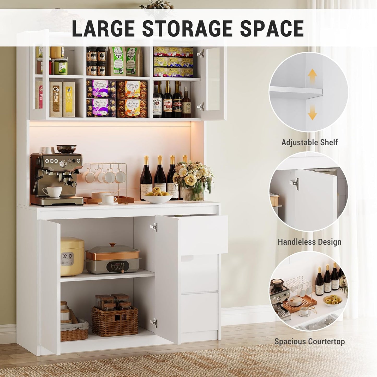Garvee Kitchen Pantry Cabinet,71" Tall Storage Cabinet with Doors and Shelves Adjustable,Kitchen Storage Hutch with Microwave Shelf, Led Lights and Charging Station,Corner Pantry Cabinet,White