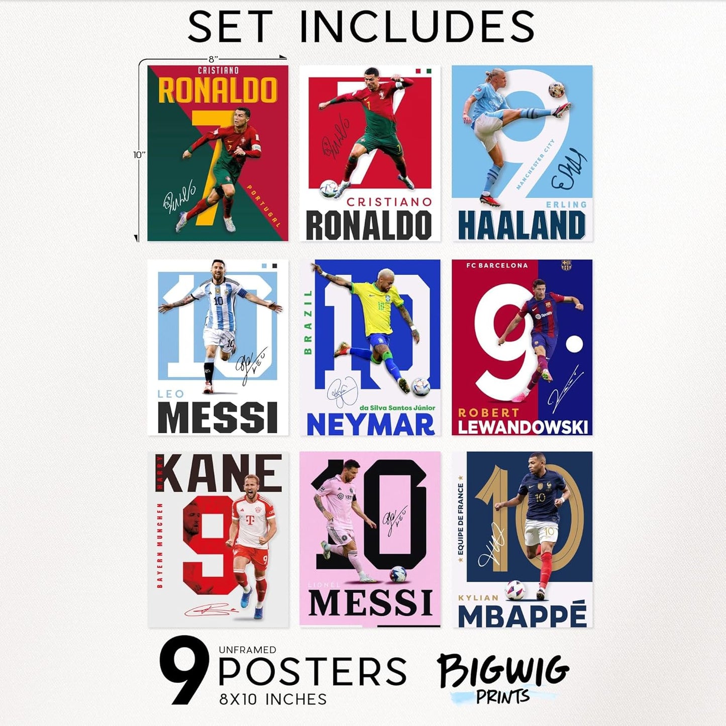 BigWig Prints Soccer Poster - Soccer Decor For Boys Bedroom, Messi And Ronaldo Poster, Messi Posters For Boys Bedroom, Mbappe Wall Art, Neymar Wall Art, Ronaldo Posters - Unframed Set Of 9 (8x10”)