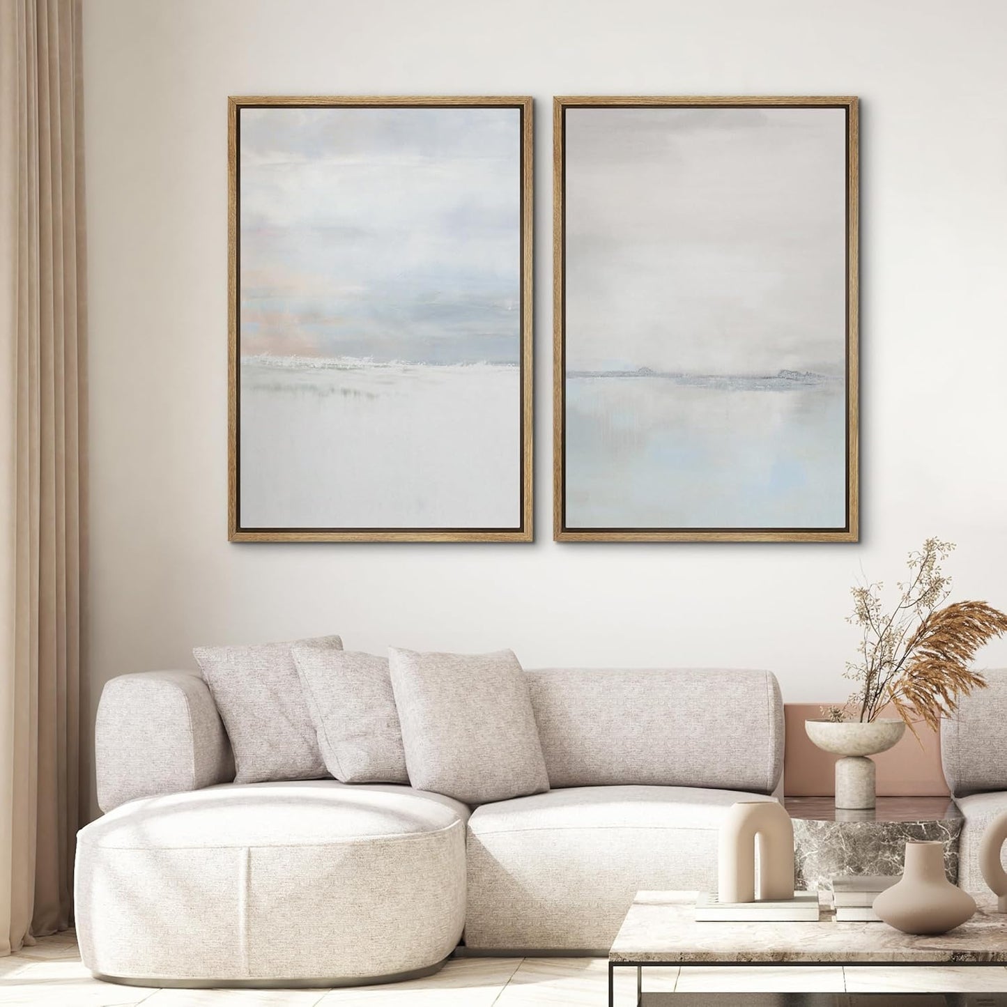 SIGNWIN Framed Canvas Print Wall Art Set Pastel Gray Watercolor Landscape Abstract Shapes Illustrations Minimal Decorative Boho Nordic Relax for Living Room, Bedroom, Office - 24"x36"x2 Natural