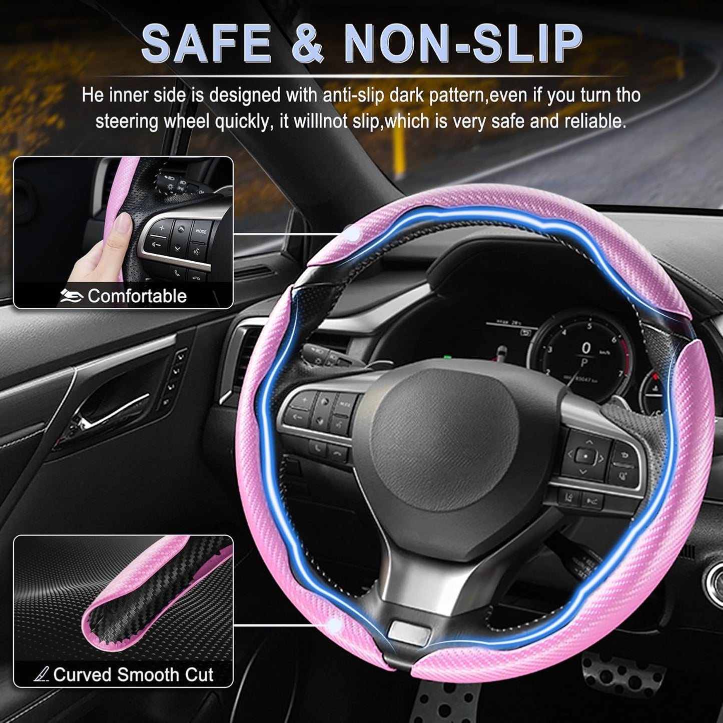 Amiss 3pcs Carbon Fiber Anti-Skid Steering Wheel Cover, Segmented & Butterfly Design, Universal 99% Car Wheel Cover Protector, Pink