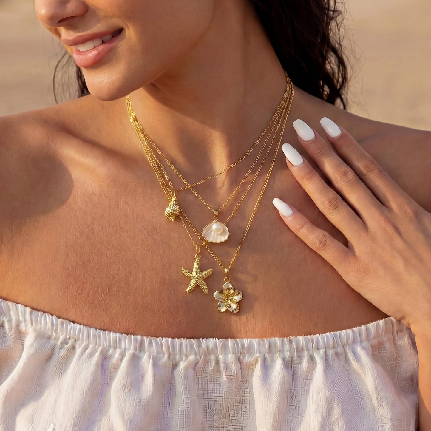 Shell Starfish Necklace for Women, Gold Plated Boho Layered Pendant Necklace with Pearl Conch Charm, Dainty Coastal Summer Beach Vacation Jewelry Gifts(Flower)