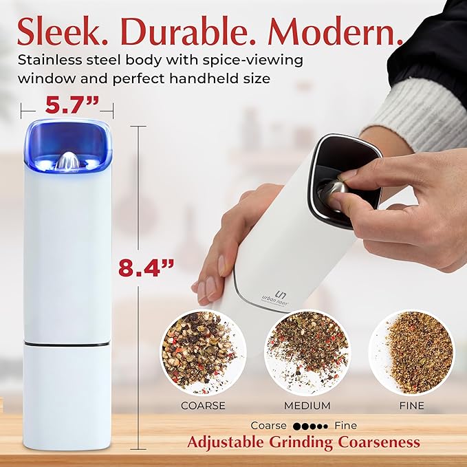 Automatic Salt and Pepper Grinder Set - Rechargeable Electric Salt and Pepper Shakers with Adjustable Coarseness, LED Light, One-Handed Use, Gravity Salt Grinder and Electric Pepper Mill