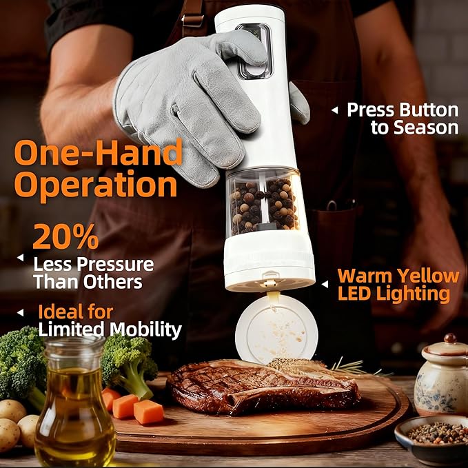 Electric Salt and Pepper Grinder Set-2 Pack Rechargeable Automatic Pepper Mill with Base,5-Level Adjustable Coarseness, Display, LED Lighting, Large Capacity-Ideal for Kitchen, BBQ Gifts (2, White)