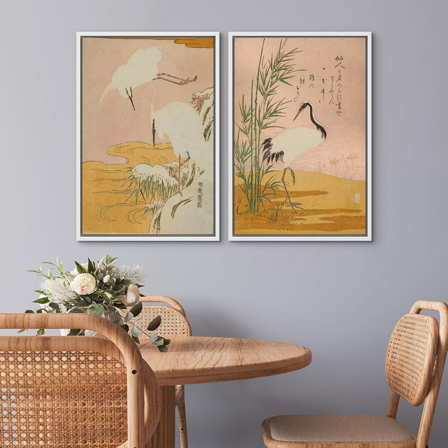 SIGNWIN Framed Canvas Print Wall Art Set Japanese Crane Vintage Style Bird and Bamboo Illustrations Modern Art Rustic Minimal for Living Room, Bedroom, Office - 16"x24"x2 White