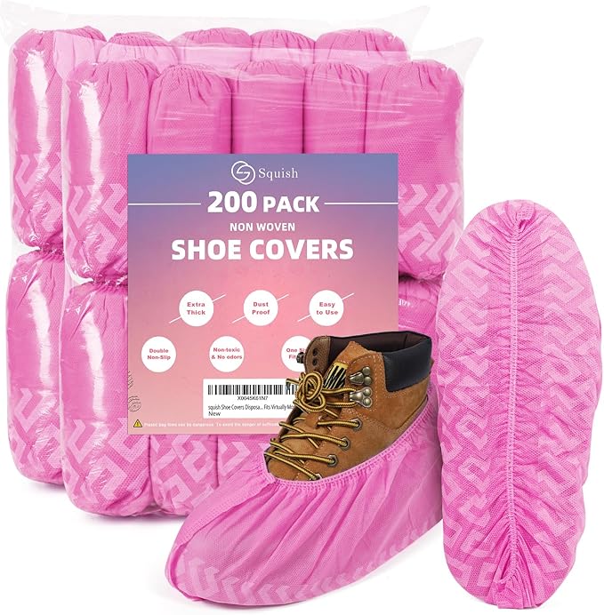 squish 200 Pack Shoe Covers Disposable Non-Slip, Pink Non-Woven Fabric Boot Covers for Indoors Breathable Slip Resistant Durable Boot&Shoes Cover, Protector Covers Fits Virtually Most Shoes