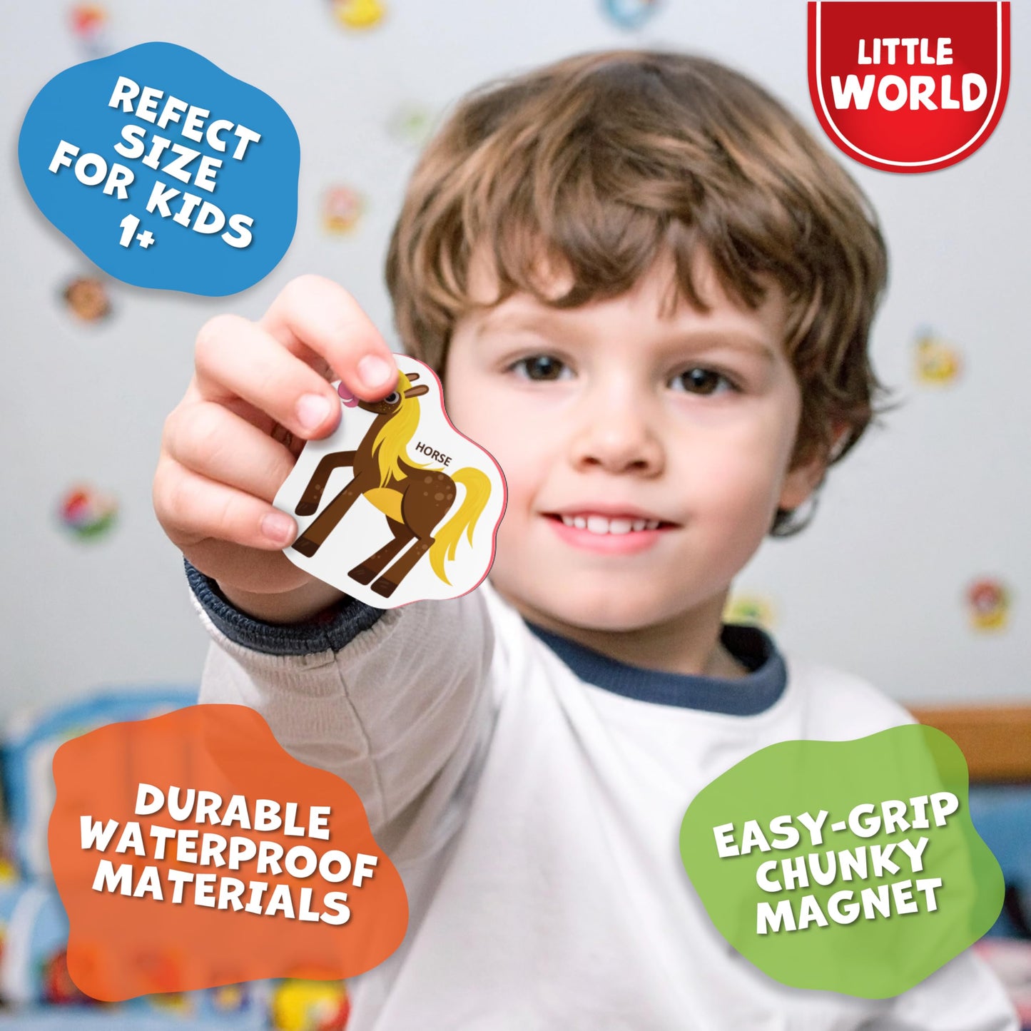 Little World Large Set of Safe and Durable Fridge Magnets for Toddlers 1-3 | Foam Refrigerator Magnets for Kids with Gift Box | Waterproof, Non-Toxic Farm Magnetic Animals for Children and Babies 1+