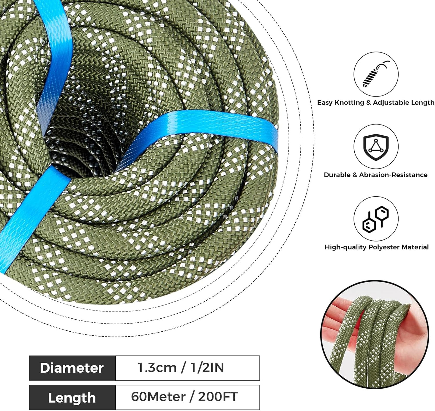 1/2 Inch 200ft Double Braided Polyester Arborist Rope, Heavy Duty Nylon Rope for Anchor, Tree Work, Cargo, Pulling, Sailing(ArmyGreen)