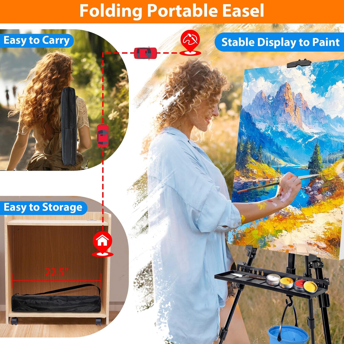 VAIIGO Easel Stand for Painting Artist Easel Stand Adjustable Height 20" to 61" Metal Tripod Art Easels Stand for Painting Canvases Tabletop Floor Art Easel Stand with Tray, Bag, Folding Keg, Black