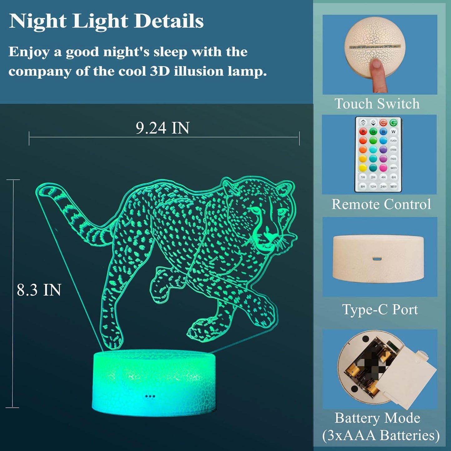 Cheetah Night Light, Cheetah Lamp, Cheetah Gifts 3D Illusion Lamp with 16 Colors Changing, Timer, 4 Flash Modes and Dimmable, Kids Boys Girls Room Decoration, Holiday Xmas Gifts