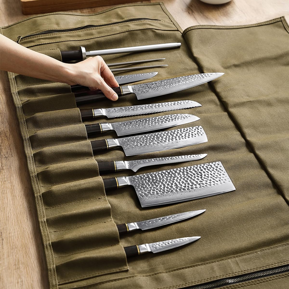 HEZHEN Chef Knife Roll Bag 16oz Oil Waxed Canvas, Heavy Duty Portable Backpack Knife Case Storage, 12 Slots & 2 Zipper Pockets, Detachable Adjustable Leather Shoulder Strap Belt（Not Included Knives）