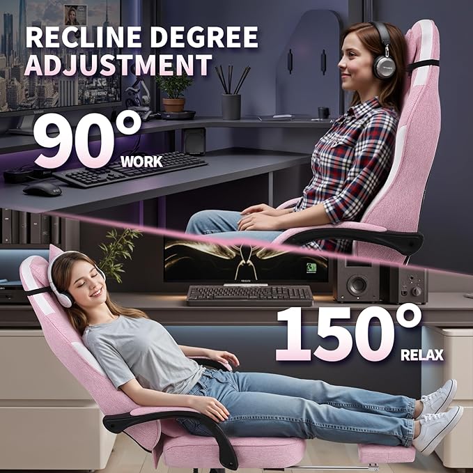 Gaming Chair Fabric, Ergonomic Computer Chair with Footrest, Video Gamer Chair with Pocket Spring Cushion,Linkage Armrests and Headrest Lumbar Support,Swivel Height Adjustable Office Chair for Adults
