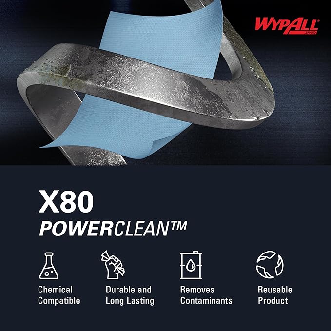 WypAll PowerClean X80 Cloths Heavy Duty Wipes (41043), Jumbo, Extended Use Towels, Blue (1 Roll of 455 Sheets, 455 Sheet Total)