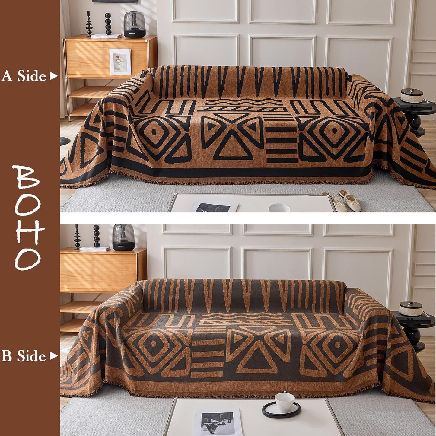 HANDONTIME Boho Geometric Couch Covers for Sofa Pet Friendly Brown and Black Sofa Covers Washable Chenille Couch Blanket Cover for 3 4 Cushion Couches Pet Protector Furniture Cover Soft, 71" X 134"
