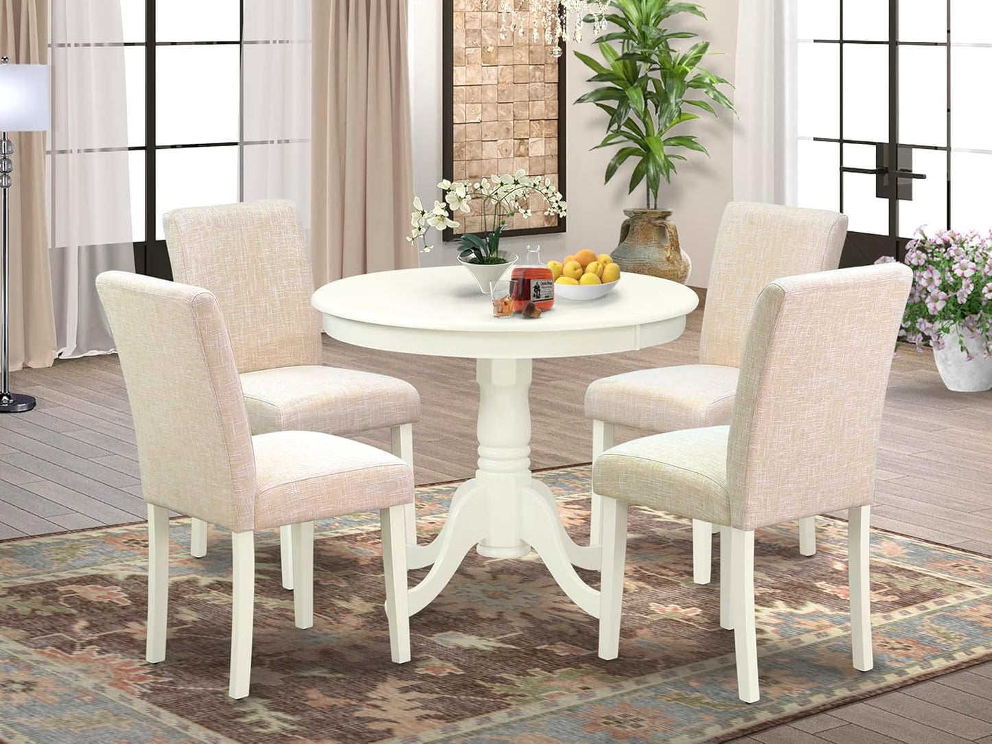 East West Furniture ANAB5-LWH-02 5 Piece Dining Table Set for 4 Includes a Round Kitchen Table with Pedestal and 4 Light Beige Linen Fabric Upholstered Chairs, 36x36 Inch, Linen White