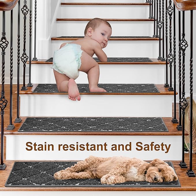 BEQHAUSE Stair Treads for Wooden Steps Non Slip Machine Washable Stair Runner Soft Polyester Stair Rugs 28inX9in for Elders,Kids and Dogs with Self-Adhesive Backing 15pcs,Dark Grey