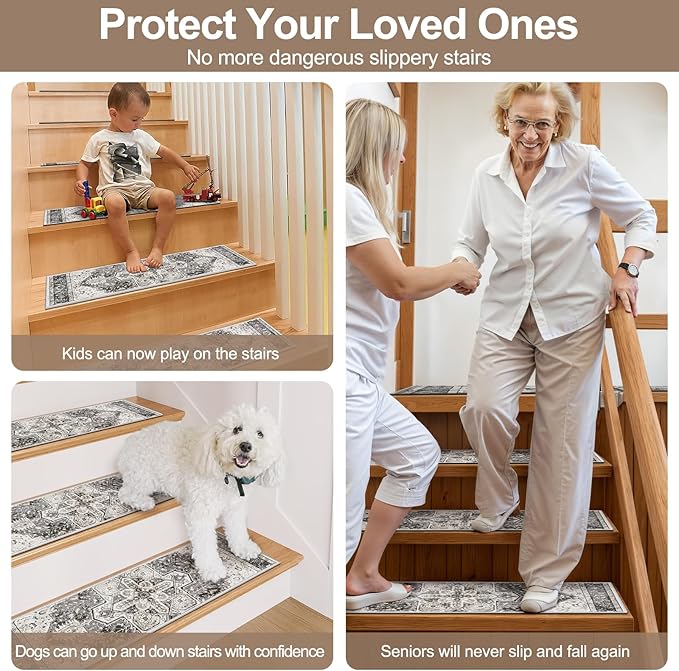 OJIA Stair Treads Carpet for Wooden Steps Non-Slip Landing Mat Stair Rug with Rubber Backing, Soft Stair Runner Safety Rugs for Family, Absorbent Washable 31x31 inch Carpet for Stairs