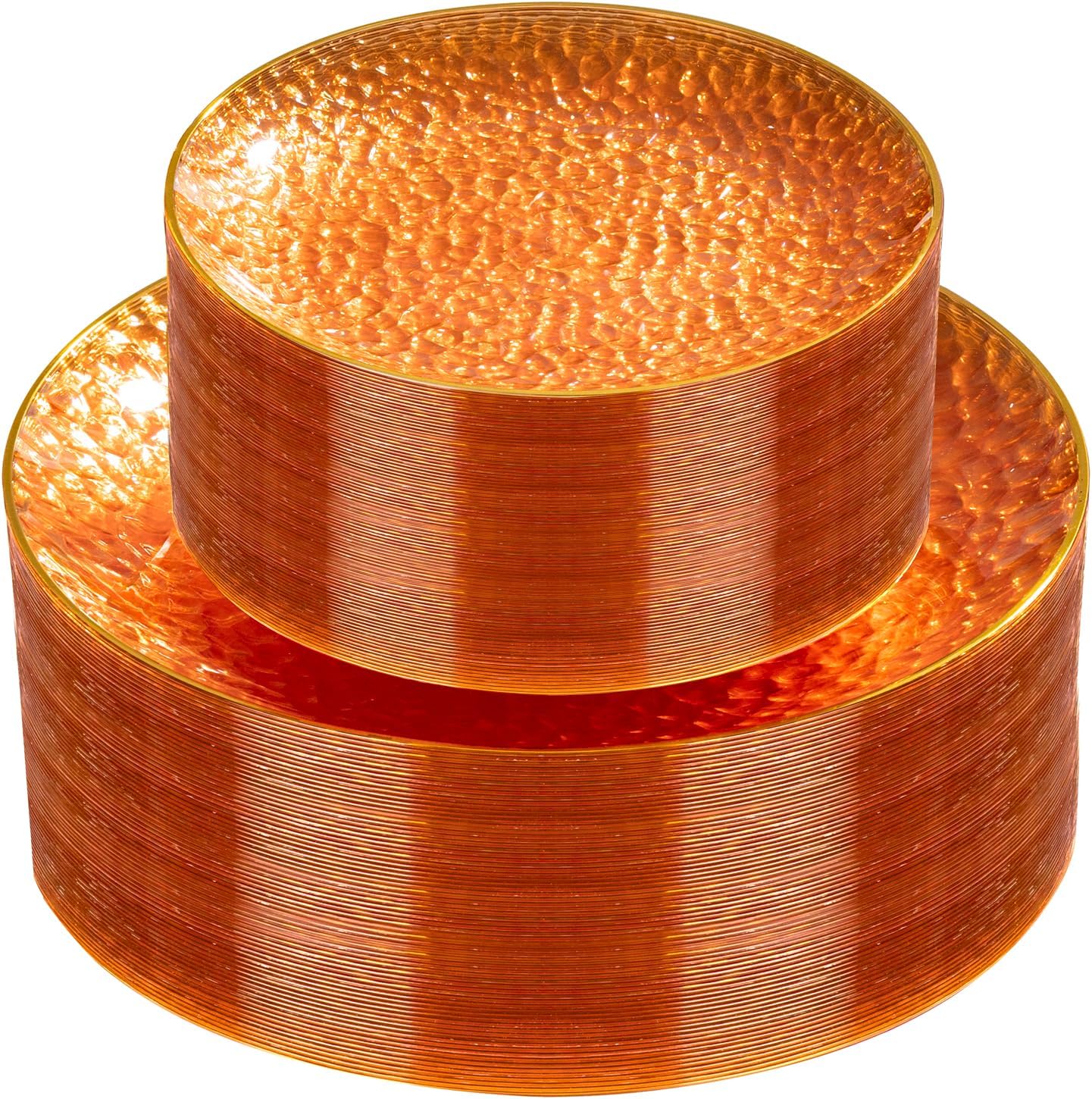Rubtlamp 60Pcs Orange Plastic Plates, Orange Disposable Plates With Gold Rim, Hammered Plastic Plates Include 30 Dessert Platos, 30 Dinner Platos for Party, Thanksgiving