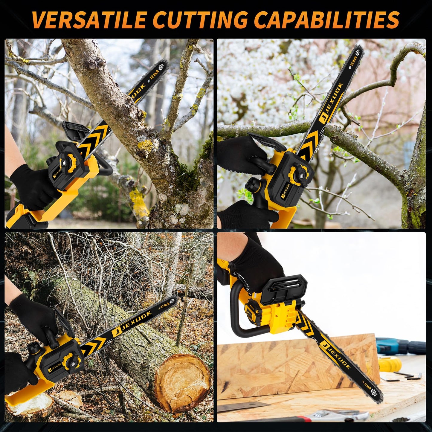 JEXUGK 12" Brushless Chainsaw, 21V Cordless Chainsaw with 2 x 4.0Ah Battery, Electric Motosierra De Gasolina with 2 x Chains & Guide Plate, Eléctrica Rechargeable Saw for Wood Cutting Trimming Branch