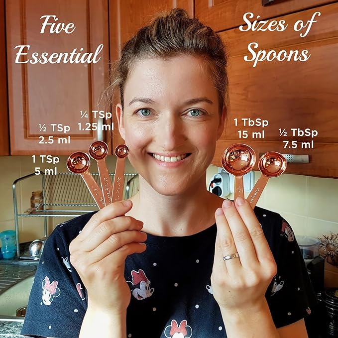 Copper Measuring Cups and Spoons Set of 9 - Premium Gift Packaging + Cooking Conversions Chart. Extra Sturdy Stainless Steel with Copper Finish, Satin and Mirror Polish. Gift Under 25 Dollars.