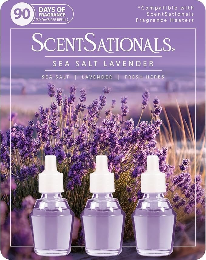 Scentsationals Fragrance Oil Plug in Air Freshener Refills 3-Pack - Sea Salt Lavender - Works with Scentsationals Wall Plugs, Long-Lasting Home Fragrance, 0.8 fl oz Each, Packaging May Vary