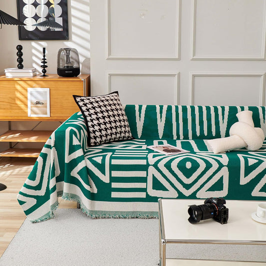 HANDONTIME Couch Cover Boho Sofa Covers Washable Forest Green Dog Covers for Couches Reversible Couch Blanket Cover Geometric L Shaped Couch Covers for 2 3 Couch Cushion Cover Dark Green, 71" X118"