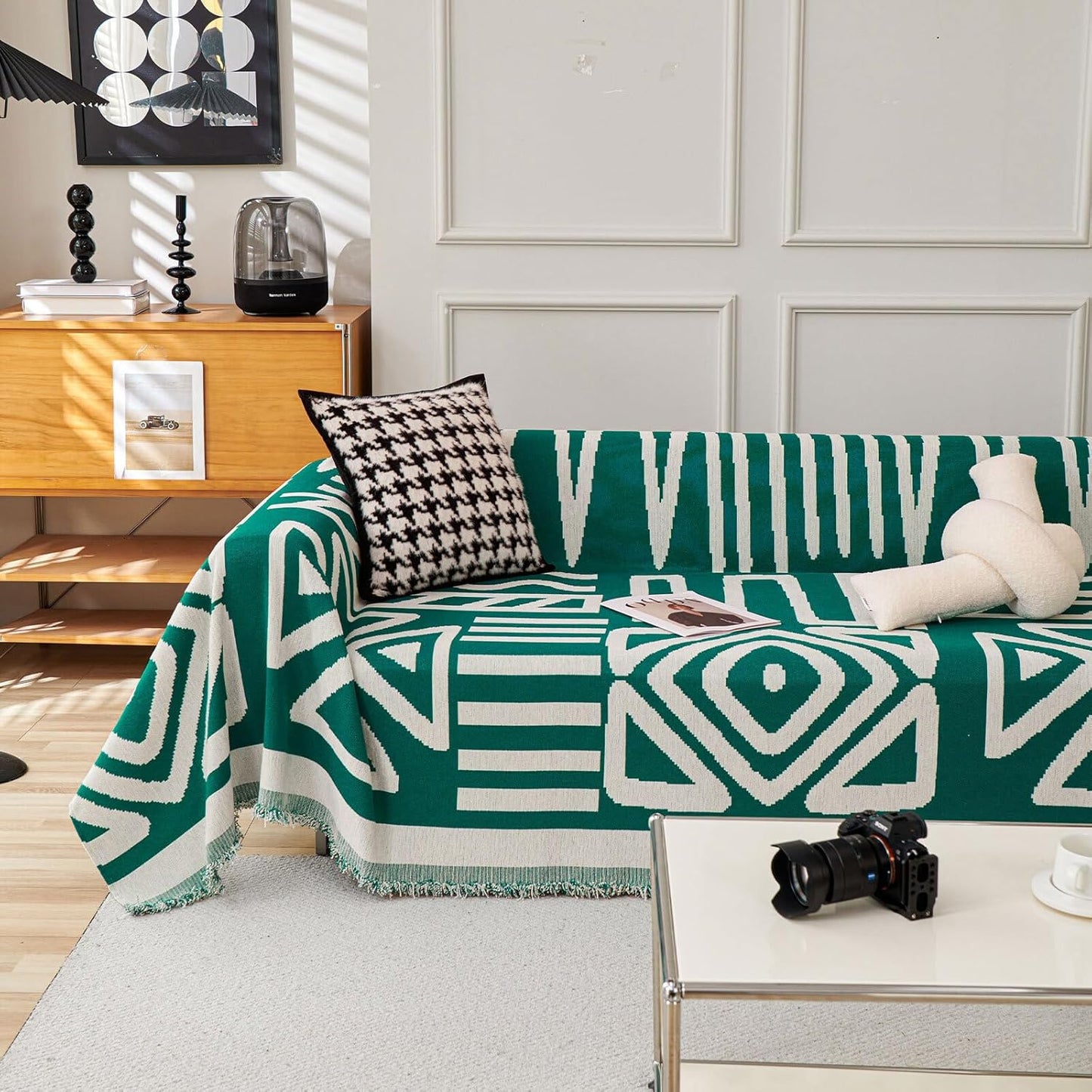 HANDONTIME Couch Cover Boho Sofa Covers Washable Forest Green Dog Covers for Couches Reversible Couch Blanket Cover Geometric L Shaped Couch Covers for 2 3 Couch Cushion Cover Dark Green, 71" X150"
