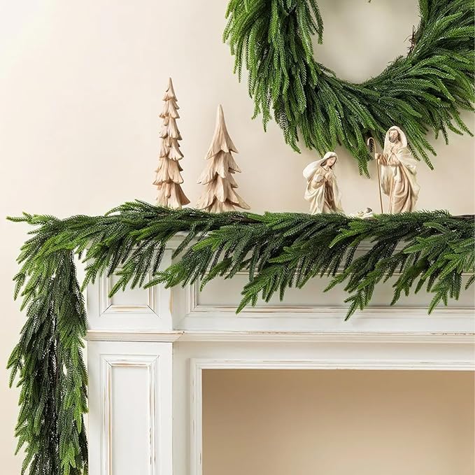 2 Pcs 9 Ft Norfolk Pine Garlands, Artificial Real Touch Winter Christmas Green Greenery Garlands for Mantle, Fireplace, Table, Wall, Outdoor, Indoor Christmas Decorations (9 FT, 2)