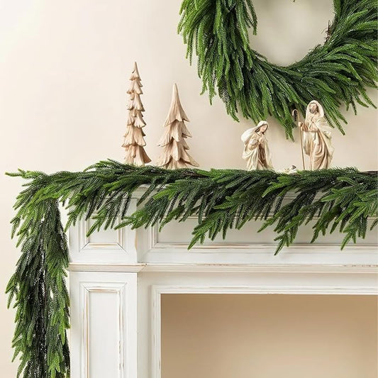 2 Pcs 9 Ft Norfolk Pine Garlands, Artificial Real Touch Winter Christmas Green Greenery Garlands for Mantle, Fireplace, Table, Wall, Outdoor, Indoor Christmas Decorations (9 FT, 2)
