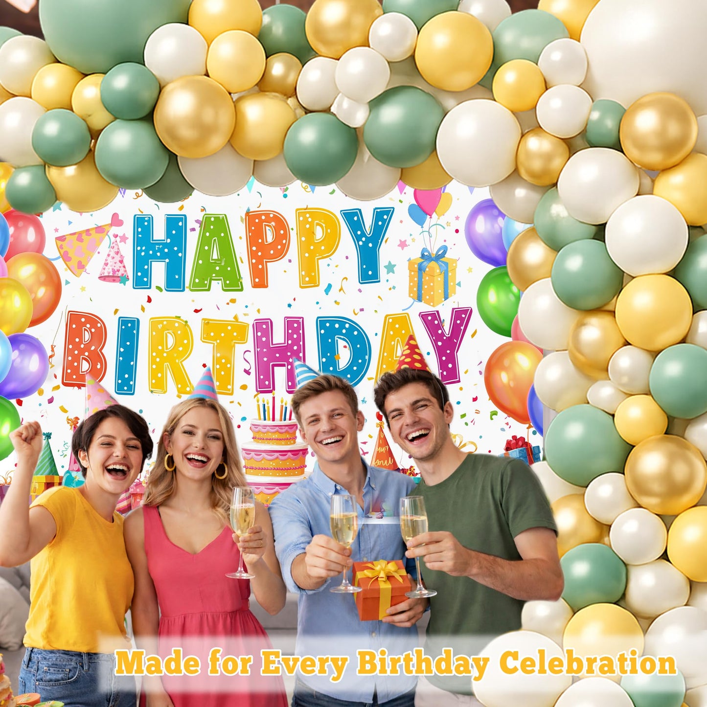 Sage Green and Gold Birthday Decorations Set for Men & Women, 131pcs Birthday Party Decor for Boys & Girls, Balloon Arch Kit, Backdrop, Cake Toppers, Happy Birthday Banner for Birthday Celebrations
