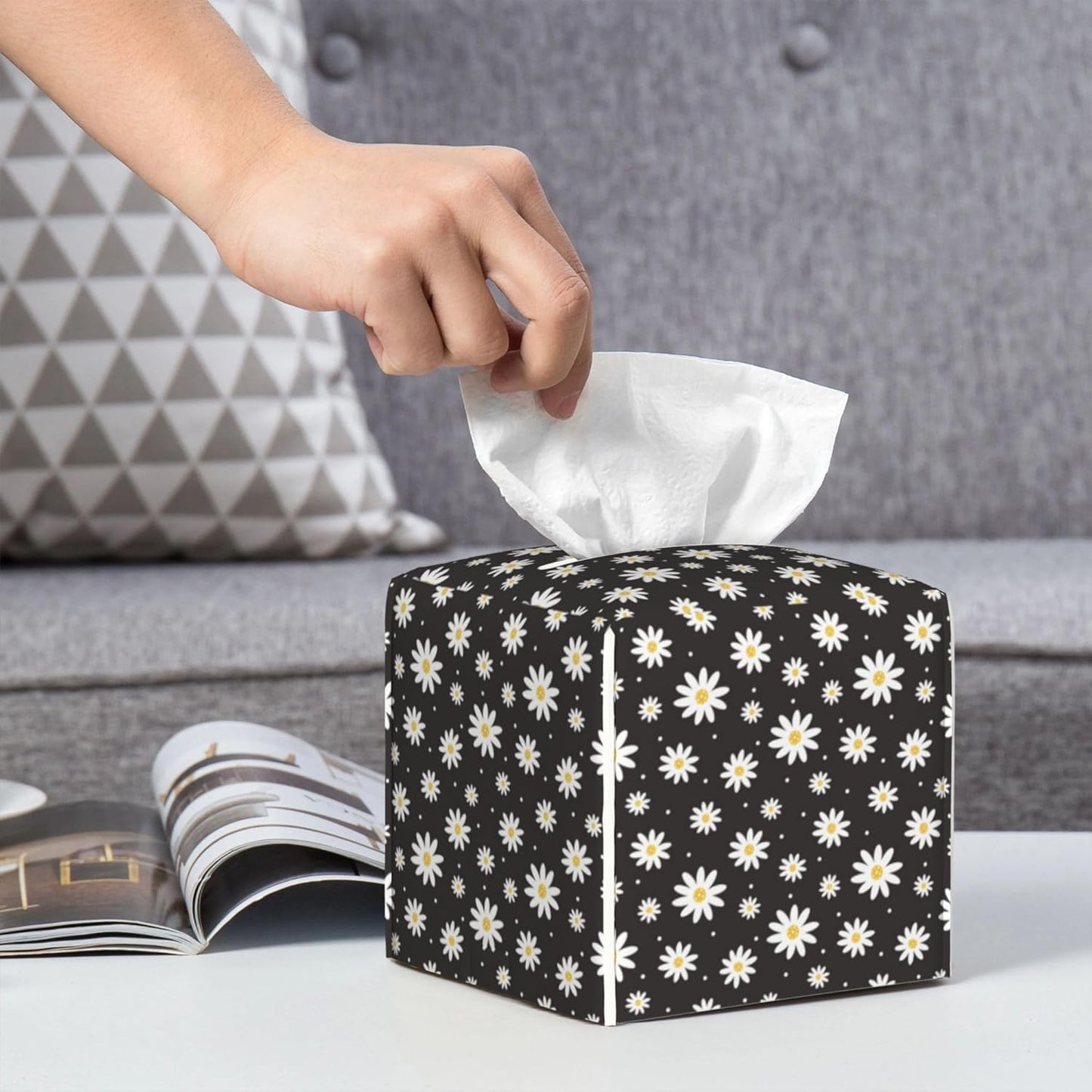 White Daisy Flowers Tissue Box Cover Square,Vintage Groovy Daisies Tissue Box Holder Waterproof Leather Facial Paper Organizer Dispenser for Bathroom Home Car Nightstand Vanity Desk