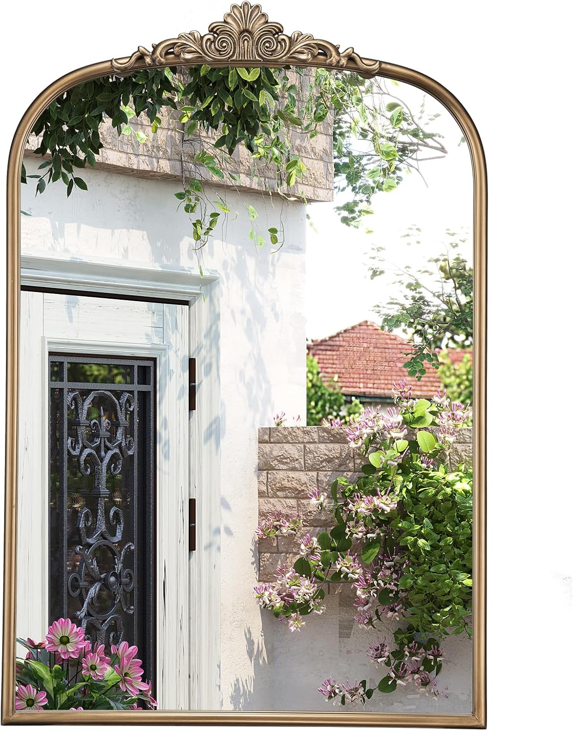 30" x 40" Antique Gold Arched Mirror for Wall, Vintage Brass Bathroom Mirror with Metal Frame, Bronze Ornate Gold Vanity Mirror for Entryway, Mantel, Powder Room
