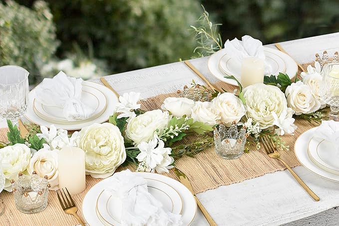 DearHouse 2Pack Artificial Peony Flower Garland - Silk Peony Garland with White Flowers for Wedding Party Table Decoration,6ft/Strand