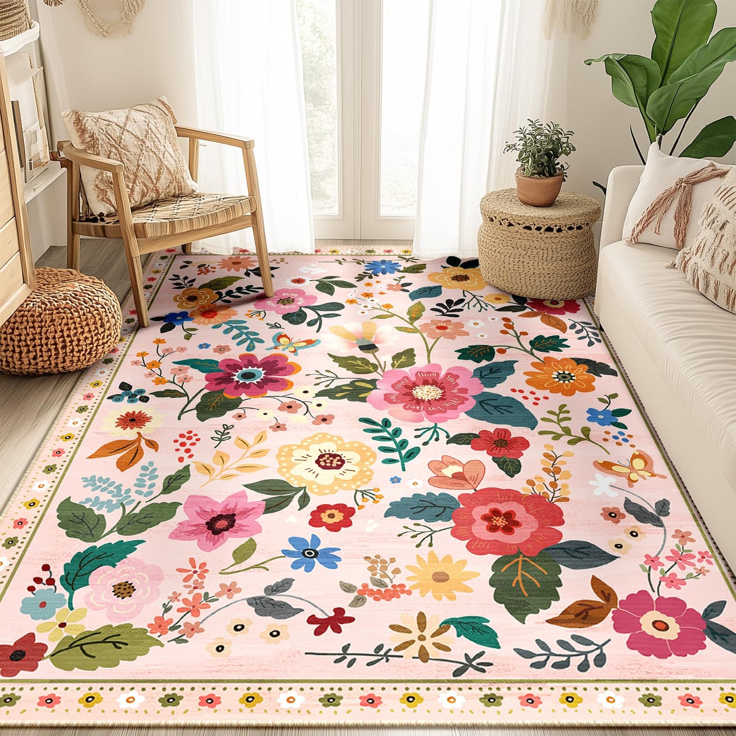 RELEANY Floral 5x7 Area Rug Machine Washable Soft Print Boho Carpet Non Slip Doormat Low Pile Flower Area Rugs for Living Room Bedroom Nursery Kitchen Dining Room Indoor-Pink
