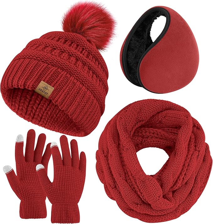 URATOT 4-In-1 Winter Warm Sets Knitted Scarf Touch Screen Gloves Beanie Pompom Hat and Winter Ear Warmer for Men or Women
