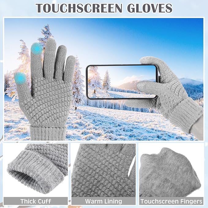 SATINIOR 5 Pcs Winter Hat Scarf Gloves Set Fleece Lined Knit Beanie Hat Warm Touch Screen Gloves Earmuff Warmer for Women(Grey,Chic Style)